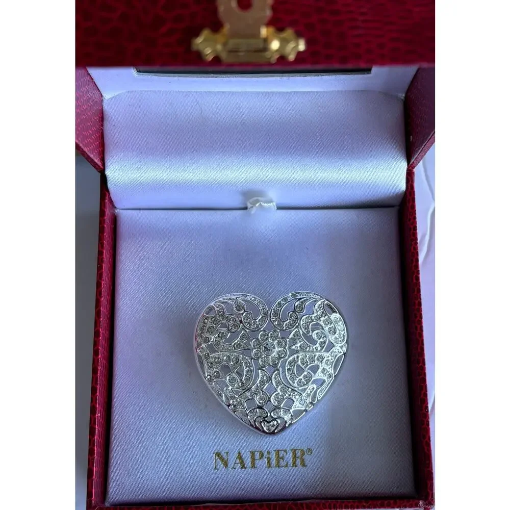 Vintage Napier Silver Heart & Rhinestone Brooch Vintage
